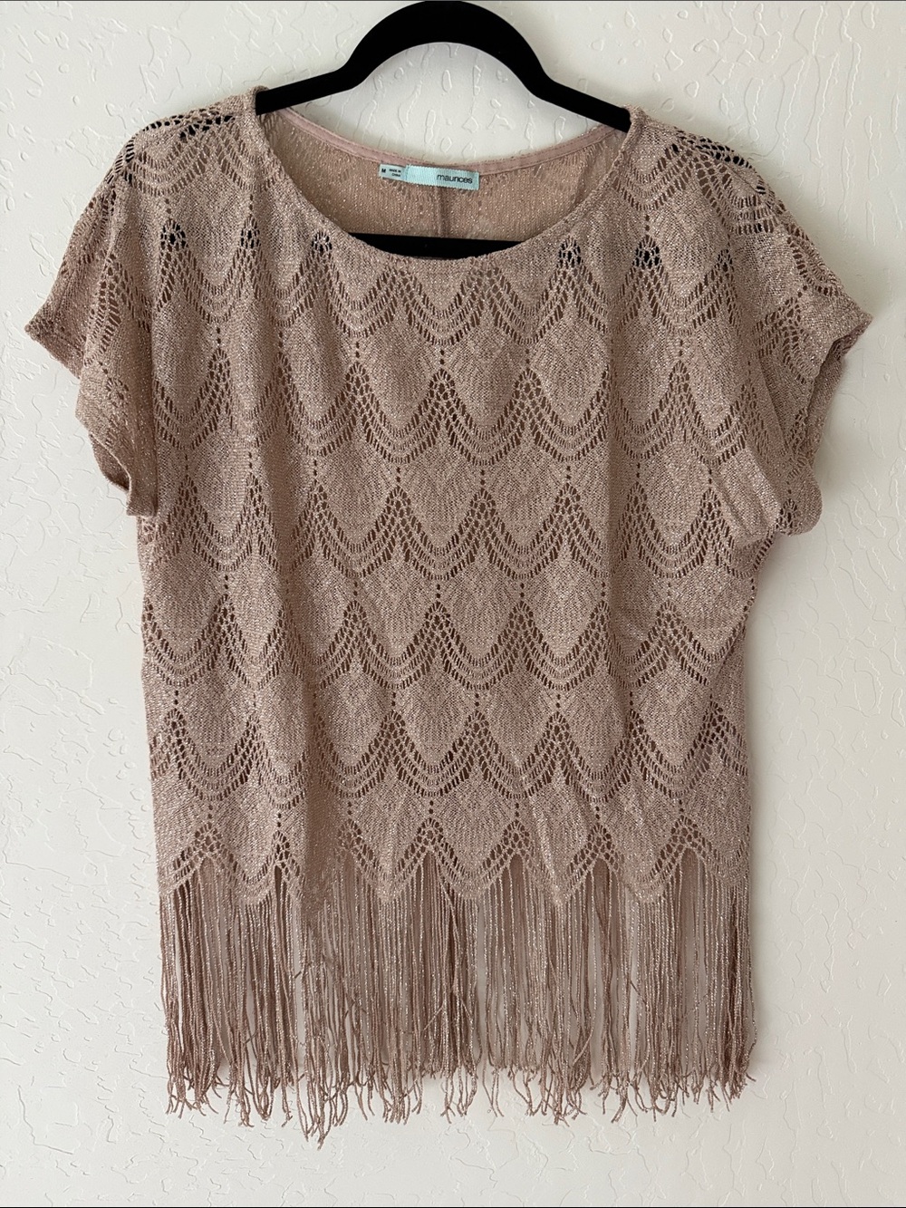 Maurices Taupe Crochet Fringe Glitzy Top